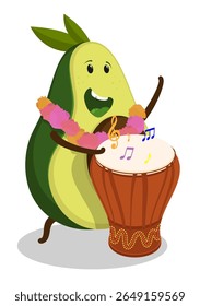 Cheerful musician avocado fruit plays a musical melody on African djembe drum musical instrument. Cartoon vector isolated on white background