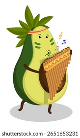 Cheerful musician avocado fruit plays a musical melody on Peruvian wind flute national musical instrument. Cartoon vector isolated on white background
