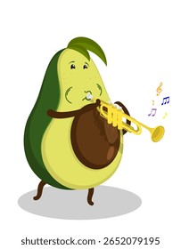 Músico alegre abacate frutificação toca uma melodia musical no instrumento de sopro trompete de sopro. Vetor de desenhos animados isolado em fundo branco
