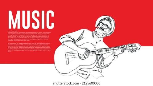 Cheerful musician with guitar. Continuous one line drawing Vector.