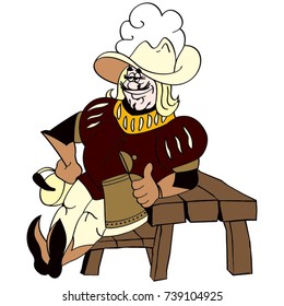 A cheerful musketeer with a beer mug on a wooden bench near a wooden table