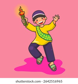 Cheerful Muslim boy with a glowing torch. Vibrant cartoon illustration capturing joy, tradition, and festive spirit. Perfect for Islamic holidays, Ramadan, and children's celebrations