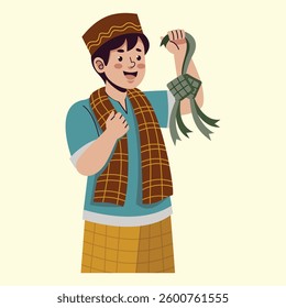 A cheerful Muslim boy in traditional attire holds a ketupat, symbolizing Eid celebrations. His happy expression captures the festive spirit of Islamic culture and togetherness.