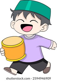 A cheerful Muslim boy wearing a green cap and purple shirt is holding a drum, symbolizing the joy and festivity of Eid