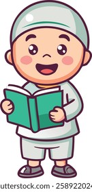 A cheerful Muslim boy in a white cap and green robe holds the Quran with both hands, radiating happiness and devotion. The colorful cartoon style makes it perfect for Ramadan and Islamic educational.