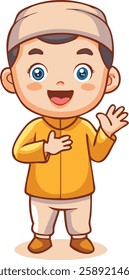 A cheerful Muslim boy in a yellow outfit smiles while raising his hands, symbolizing gratitude for Ramadan blessings. The vibrant cartoon art enhances the warm and festive mood.