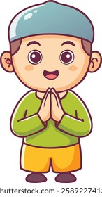 A cheerful Muslim boy in a yellow outfit and blue cap stands with hands in prayer, symbolizing gratitude and peace in the blessed month of Ramadan. The cartoonish style enhances its appeal for Islamic