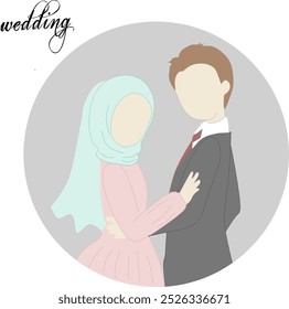 Cheerful muslim bride in wedding hijab and pink dress holding shoulders near groom outdoors, vector illustration