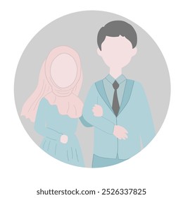 Cheerful muslim bride in wedding hijab and sage dress holding shoulders near groom outdoors, vector illustration