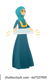 Cheerful muslim business woman holding a contract. Full length of business woman with a contract. Young business woman holding a contract. Vector cartoon illustration isolated on white background.
