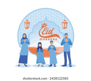 A cheerful Muslim family celebrates Eid al Fitr together. Happy Eid Mubarak concept. flat vector modern illustration 