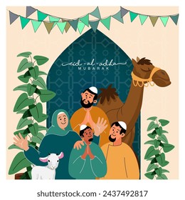 Cheerful Muslim Family Character with Goat, Camel Animal, Plant Pots For Eid-Al-Adha Mubarak.