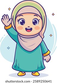 A cheerful Muslim girl in a blue dress and pink hijab waves happily, radiating positivity and joy in Ramadan.