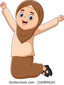 Cheerful muslim girl jumping on white background