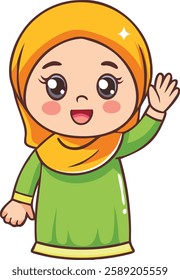 A cheerful Muslim girl in a yellow hijab waves happily, radiating joy and positivity.