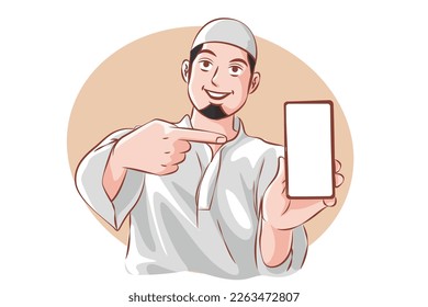 Cheerful Muslim Showing Blank Smartphone Against White Screen, Enjoying New Mobile Application or Website, Mockup, Vector cartoon.