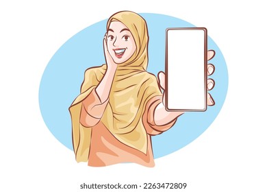 Cheerful Muslim Showing Blank Smartphone Against White Screen, Enjoying New Mobile Application or Website, Mockup, Vector cartoon.