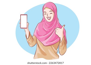 Cheerful Muslim Showing Blank Smartphone Against White Screen, Enjoying New Mobile Application or Website, Mockup, Vector cartoon.