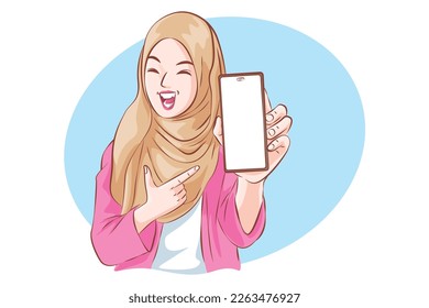Cheerful Muslim Showing Blank Smartphone Against White Screen, Enjoying New Mobile Application or Website, Mockup, Vector cartoon.