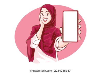 Cheerful Muslim Showing Blank Smartphone Against White Screen, Enjoying New Mobile Application or Website, Mockup, viva magenta color trend.Vector cartoon.