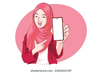 Cheerful Muslim Showing Blank Smartphone Against White Screen, Enjoying New Mobile Application or Website, Mockup, viva magenta color trend.Vector cartoon.