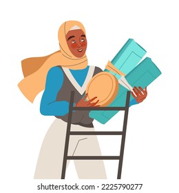 Cheerful Muslim Woman Climbing Ladder with Rolled Dollar Banknote and Golden Coin Having Money Abundance Vector Illustration