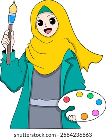 A cheerful Muslim woman wearing a yellow hijab and a teal jacket, holding a paintbrush and a color palette with vibrant colors.