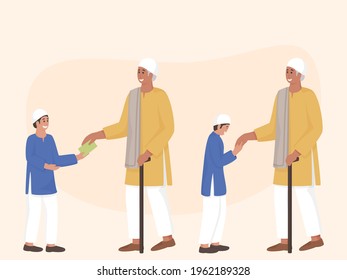 Cheerful Muslim Young Boy With His Grandfather Together In Two Images.