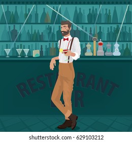 Cheerful and mustachioed bartender hipster with suspenders and red bow tie leans on a bar counter and offers a ready cocktail to the viewer. Welcome drink compliment. Vector illustration