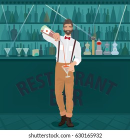 Cheerful and mustachioed bartender hipster with suspenders and red bow tie is in the center of the bar and pours drink from the bottle into the glass. Master class. Vector illustration