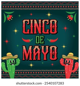 Cheerful mustachioed cactus in a sombrero. Cinco de Mayo celebration with flowers and red peppers. Cinco de mayo concept. Flat vector illustration.