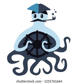 Cheerful mustachioed octopus captain at the helm on a white isolated background. Octopus Smoking pipe