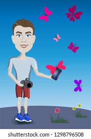 A cheerful nature photographer and tourist with a telephone for communication in the journey on the background of butterflies with wings in the shape of a heart