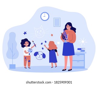 Cheerful naughty children drawing on wall at home. Upset mom, paints, paintbrush flat vector illustration. Active kids, childhood, activity concept for banner, website design or landing web page