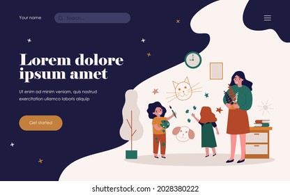 Cheerful naughty children drawing on wall at home. Upset mom, paints, paintbrush flat vector illustration. Active kids, childhood, activity concept for banner, website design or landing web page