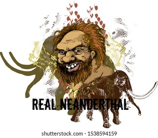 Cheerful Neanderthal and mammoths. Vector illustration. Suitable for posters, cards, tattoo. Engraving style