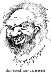 Cheerful Neanderthal. Vector illustration. Engraving style