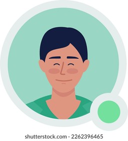 Cheerful neat man flat vector avatar icon with green dot. Editable default persona for UX, UI design. Profile character picture with online status indicator. Color messaging app user badge