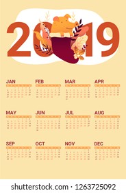 Cheerful New Year 2019 pig calendar in crimson Christmas stocking, decorated with holly and different herbs. Colorful vector organizer in warm colors for printing.