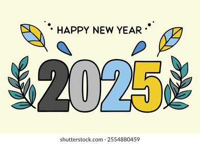 A cheerful New Year 2025 illustration featuring colorful numbers, leaves, and celebratory accents