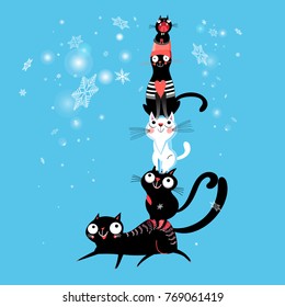 Cheerful New Year card with a pyramid of cats on a blue background with snowflakes