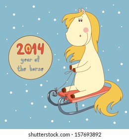 cheerful New year horse with yellow mane and tail