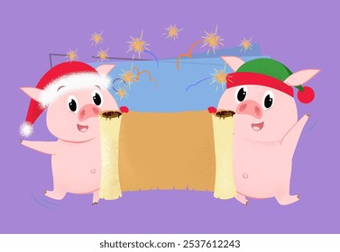 Cheerful New Year piglets showing scroll with copy space. Christmas presentation concept. Vector illustration can be used for flyers, festive posters, greeting cards, party invitations