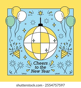 A cheerful New Year poster featuring a shining disco ball, balloons, and vibrant confetti on a bright blue and yellow background. Perfect for party invites and seasonal greetings.