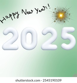 A cheerful New Year's greeting with the number "2025" in bold white, accompanied by a sparkling firework in the corner.