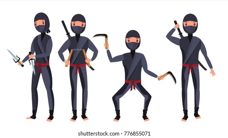 Cheerful Ninja Vector. Warrior Samurai With Weapon Sword. Isolated On White Flat Cartoon Illustration