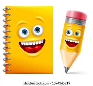 Cheerful Notebook And Pencil In Cartoon Style. Vector Illustration.