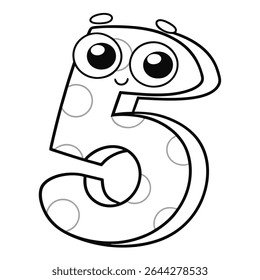 Cheerful number five character, with a playful design featuring big eyes and a cute smile. This monochrome number is adorned with circles, set on a clean white backdrop.