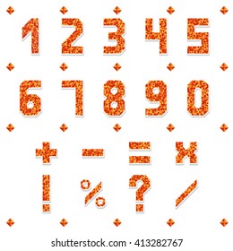 Cheerful numbers and mathematical symbols of triangular mosaics. Fiery colors. Vector illustration