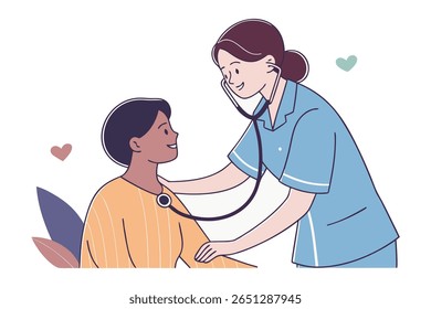 Uma enfermeira alegre com esfregões azuis examina um paciente vestindo uma camisa laranja listrada. Eles são cercados por motivos sutis de coração e folhas, transmitindo uma sensação de saúde e bem-estar.